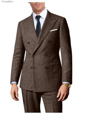 Men's 2-Piece Herringbone Tweed Suit Set Double Breasted Peak Lapel Formal